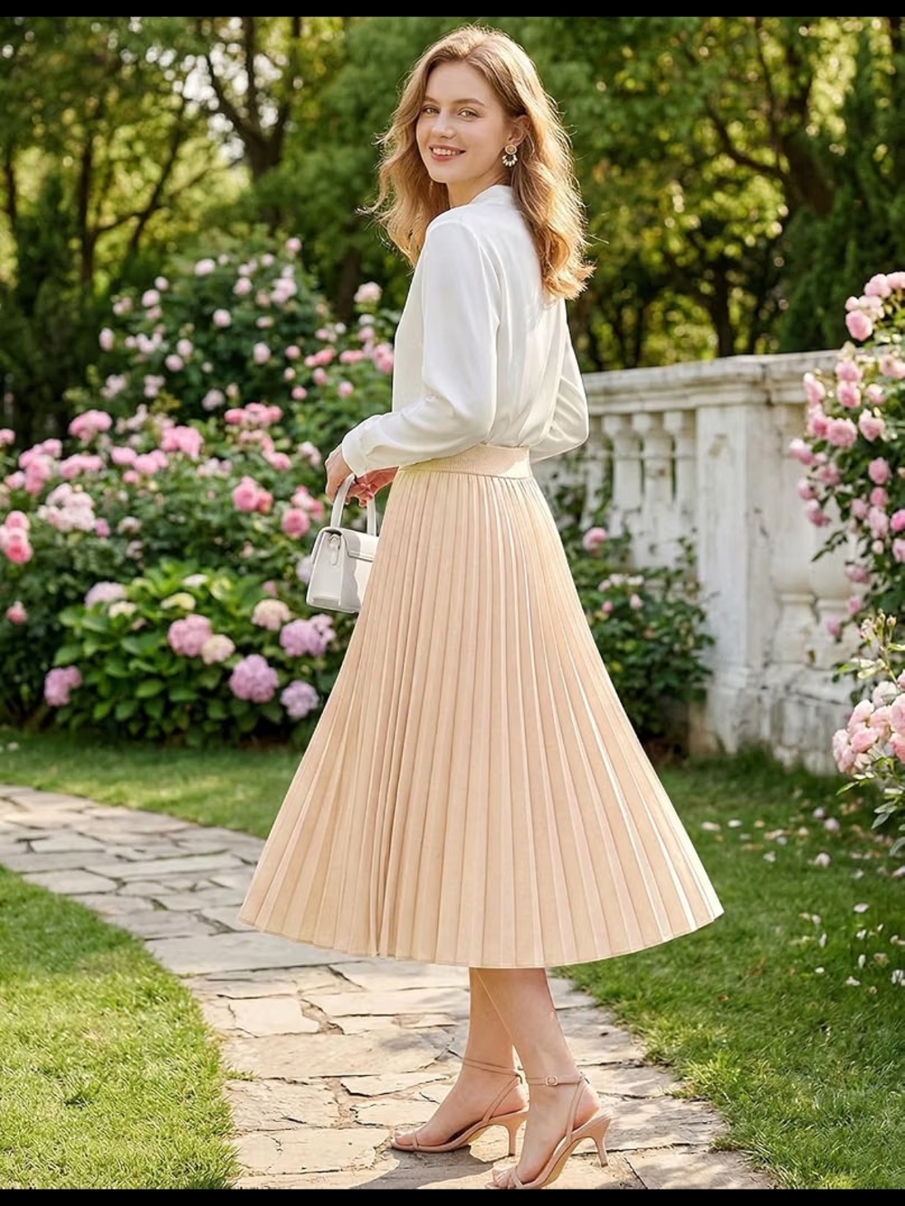 Women's Pleated Midi Skirt in Champagne READ - Picture 3 of 12